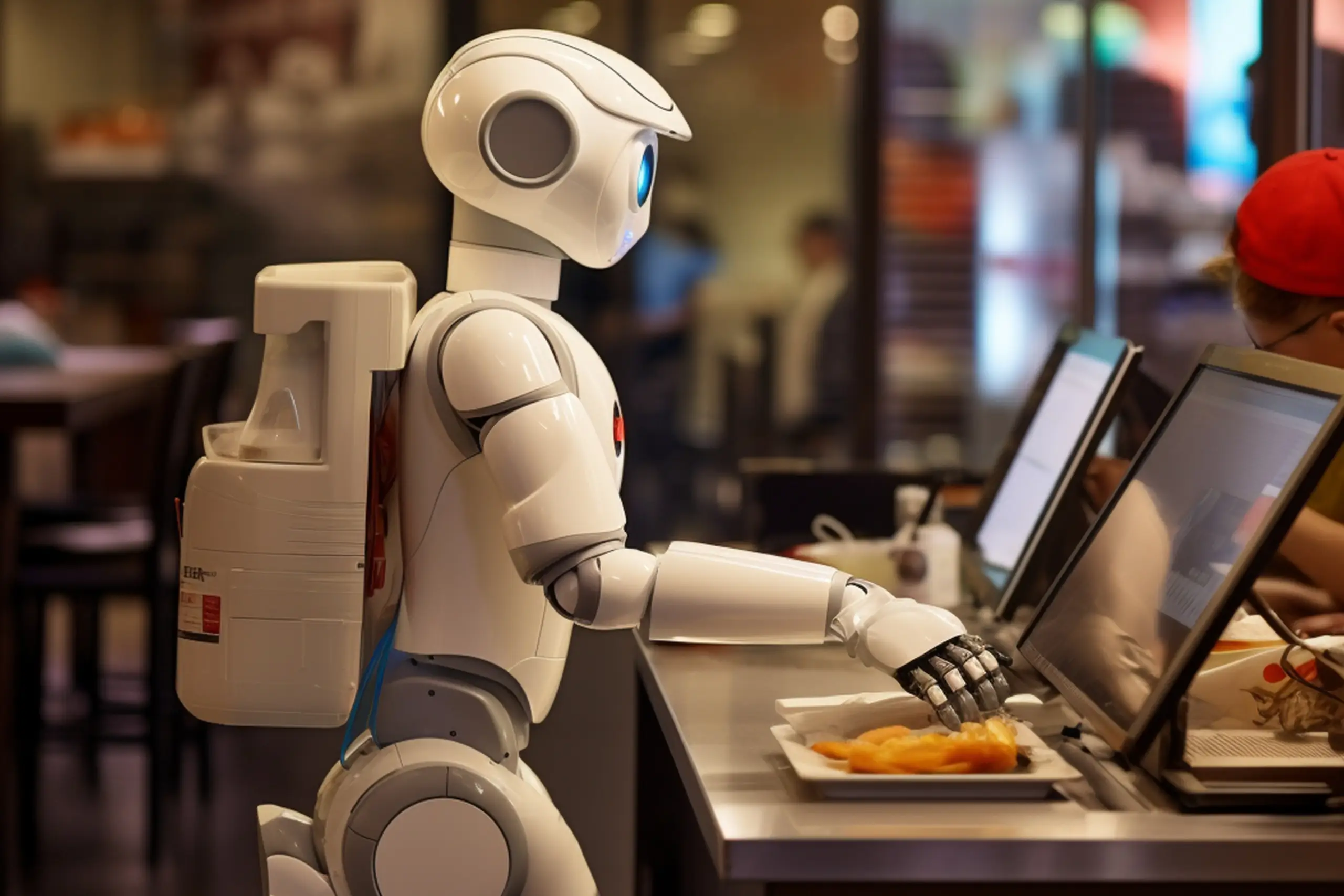A humanoid robot with a sleek design interacts at a food counter, reaching for a tray of food amidst a modern dining setting